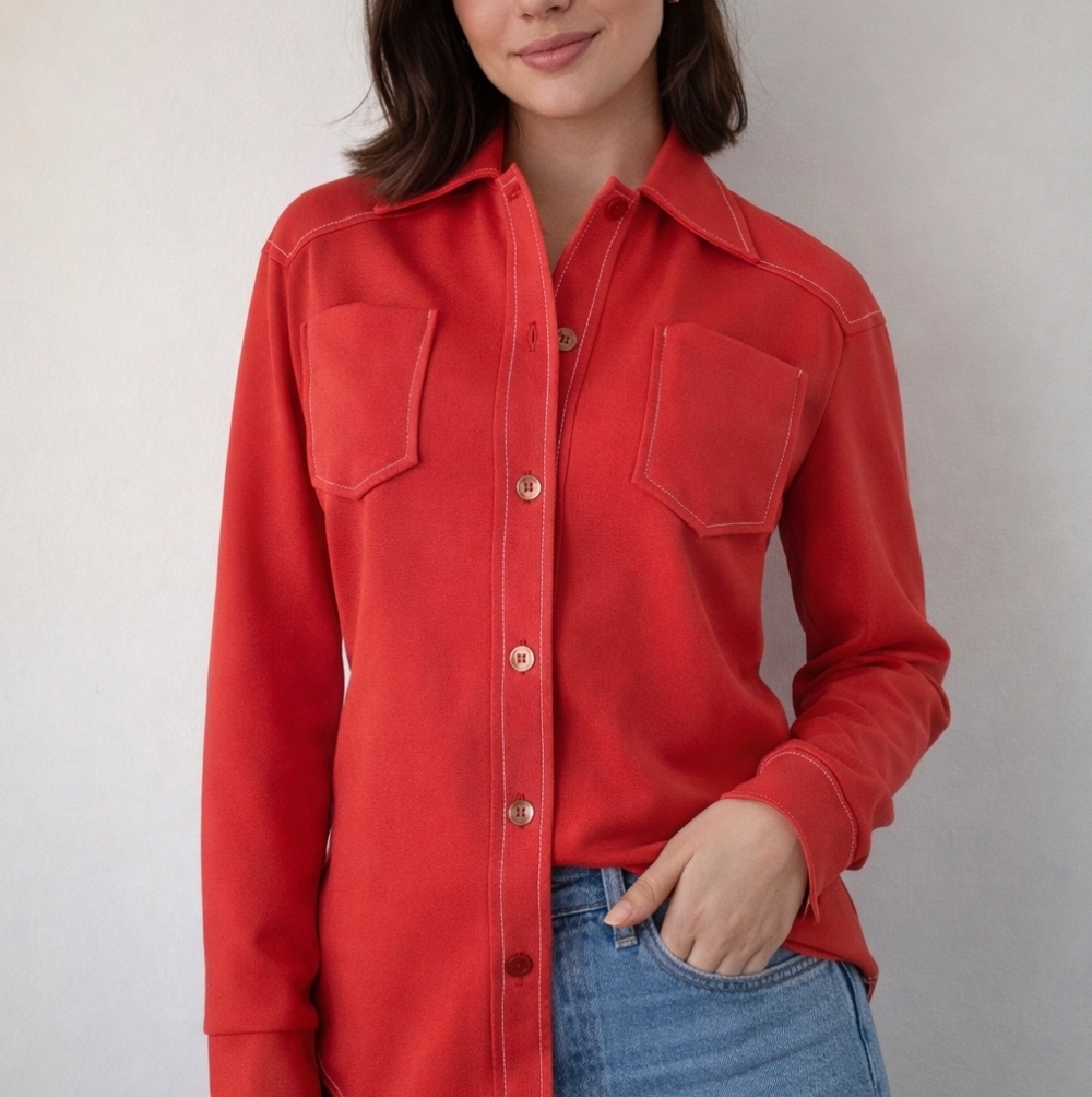 80s Jantzen Button Down Shirt Dagger Collar Mod Contrast Stitching